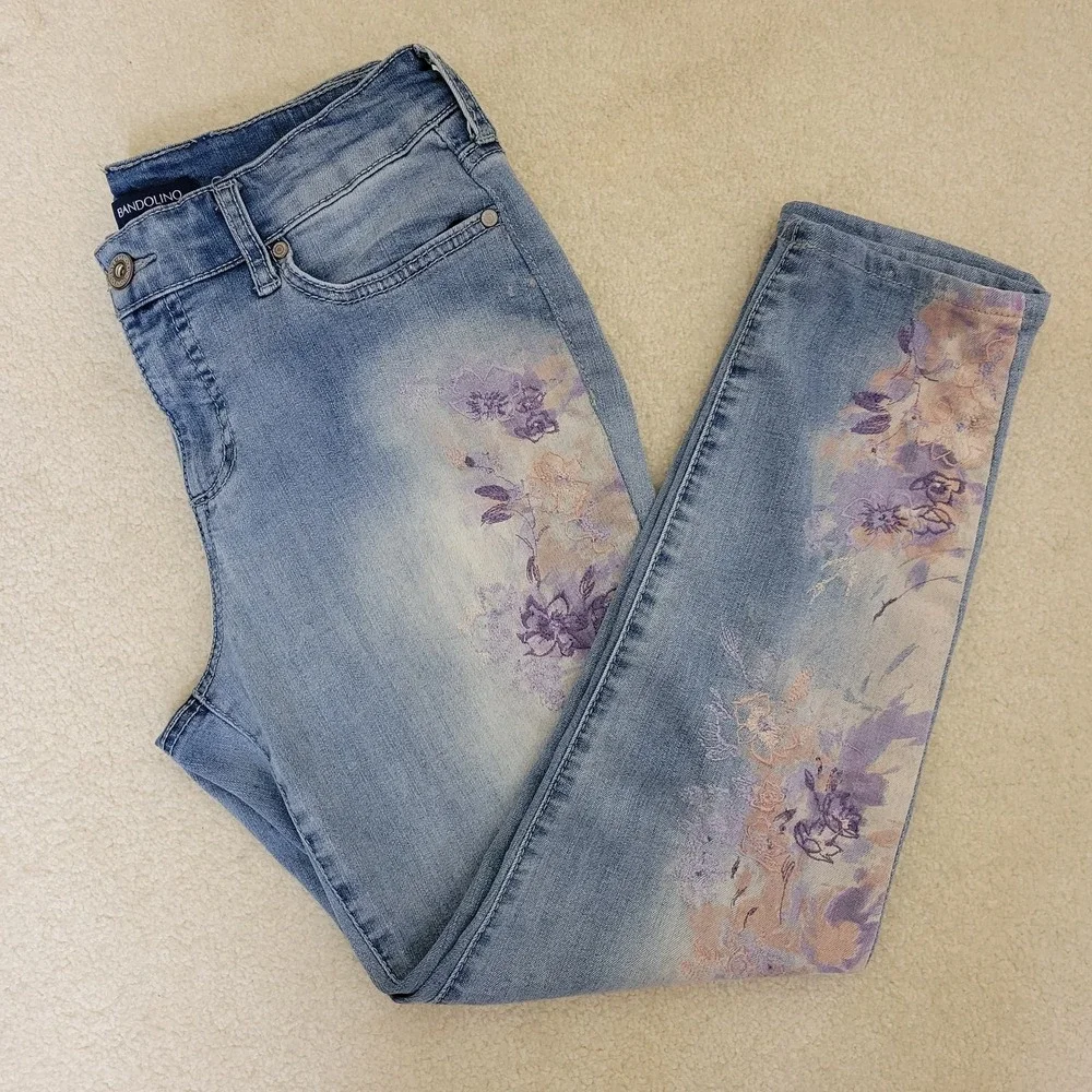 Bandolino Womens 6 Missy‎ Embroidered Jeans Mandi Crop High Rise Tapered Stretch